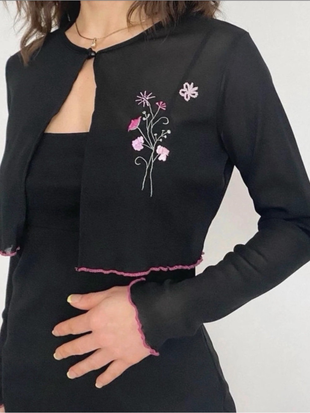 Vintage Black Cropped Cardigan with Pink Floral Embroidery
